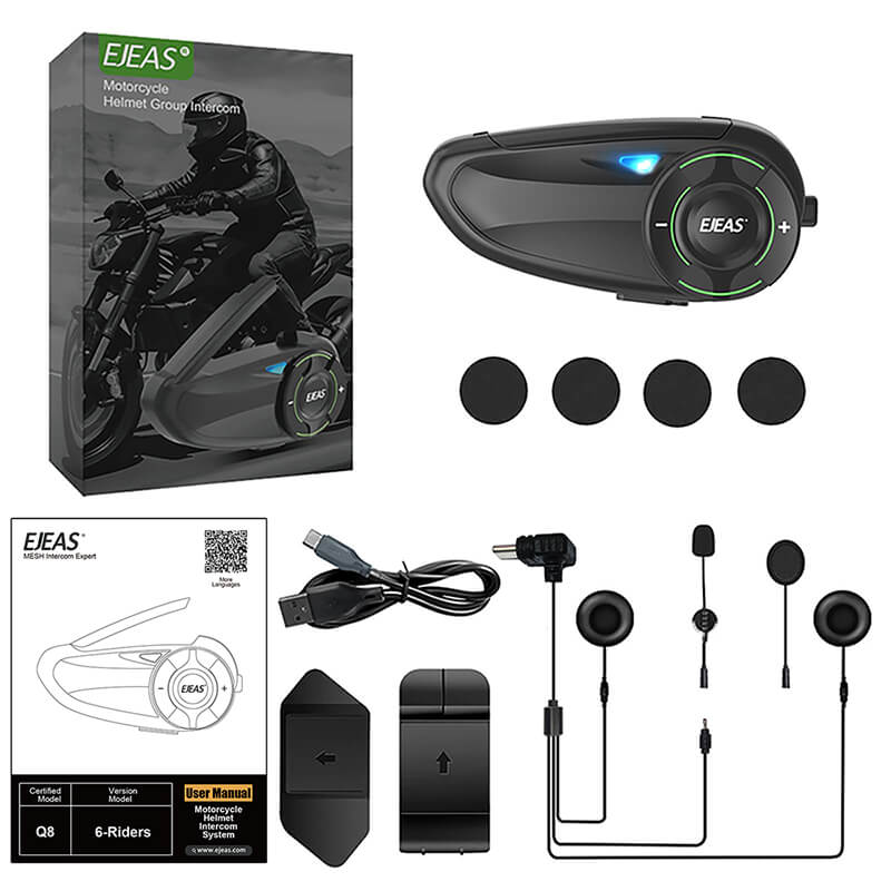 EJEAS Q8 Motorcycle Mesh Intercom, 6 Riders Group Talking at The Same Time