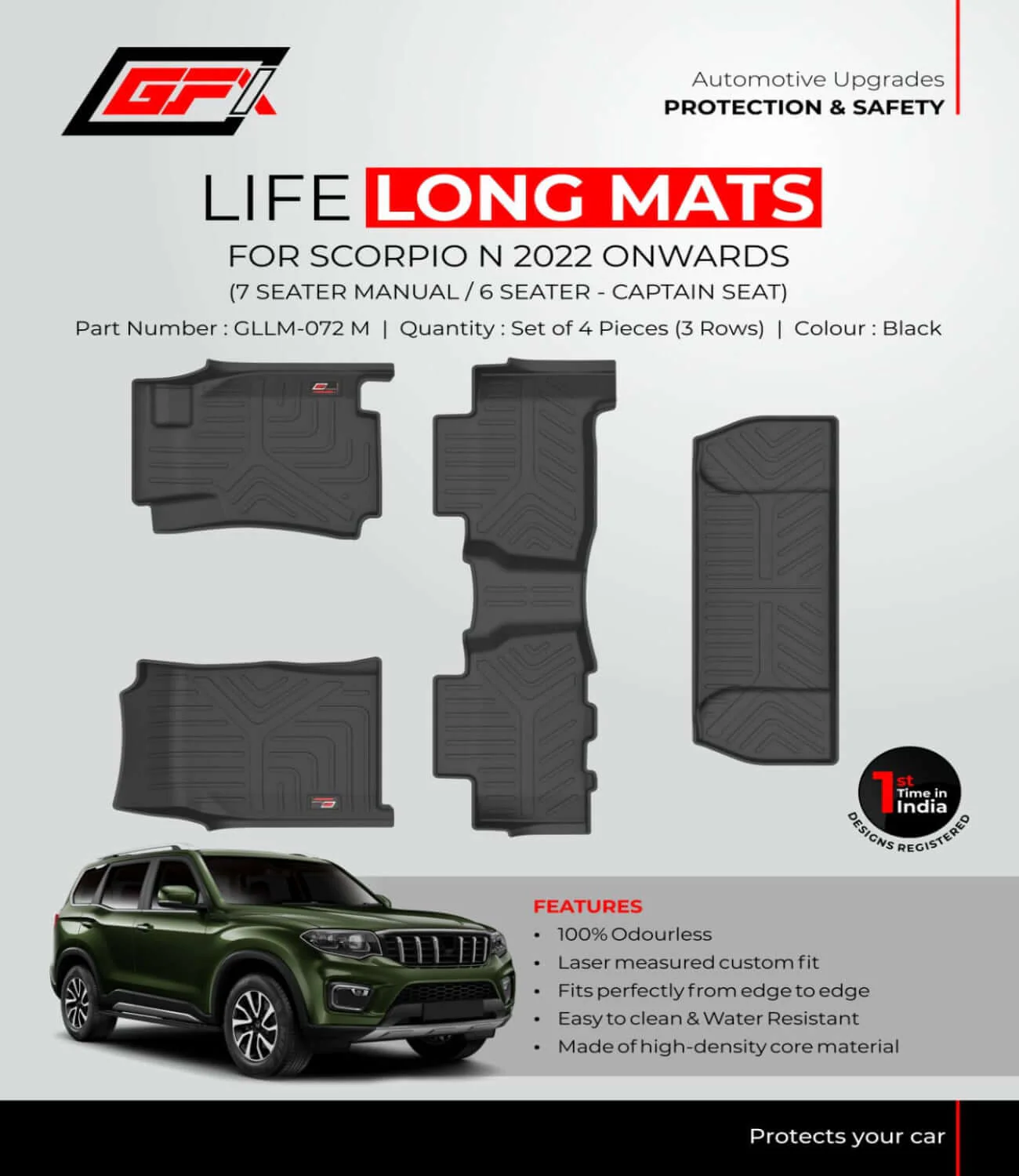 GFX Mahindra Scorpio N 2022 Onwards Life Long TPV Floor Mats