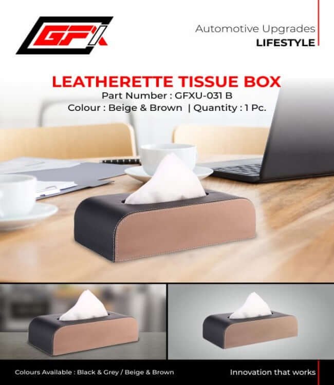 GFX Handcrafted Leather Tissue Box Holder For Car (Beige & Brown)