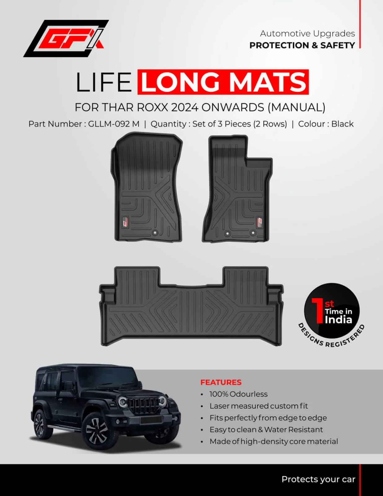 GFX Life Long Floor Mats For Mahindra Thar Roxx 2024 Onwards