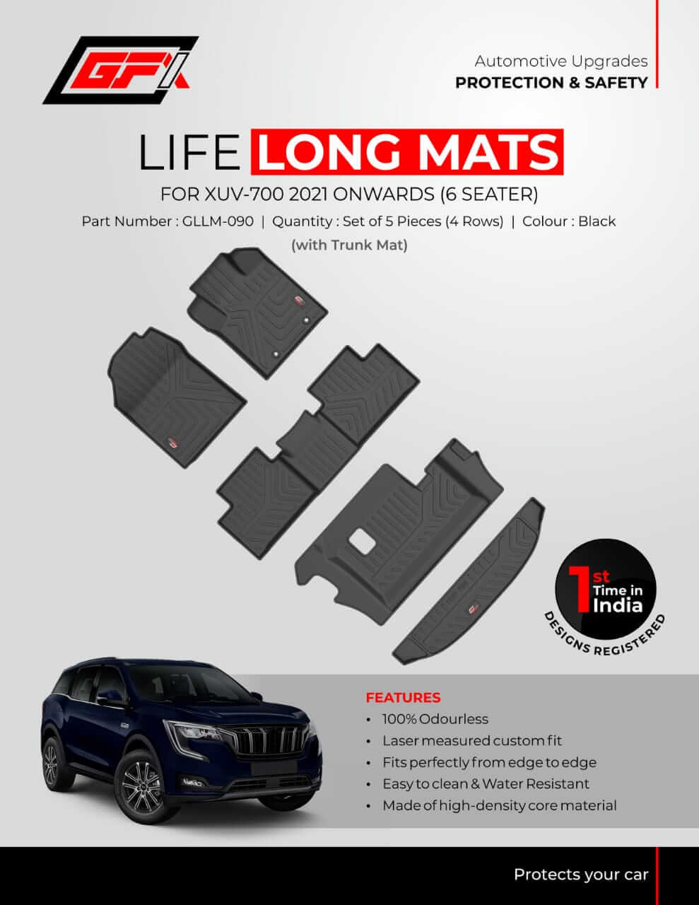 GFX Life Long Floor & Trunk Mats For Mahindra XUV 700 2021 Onwards - 6 Seater