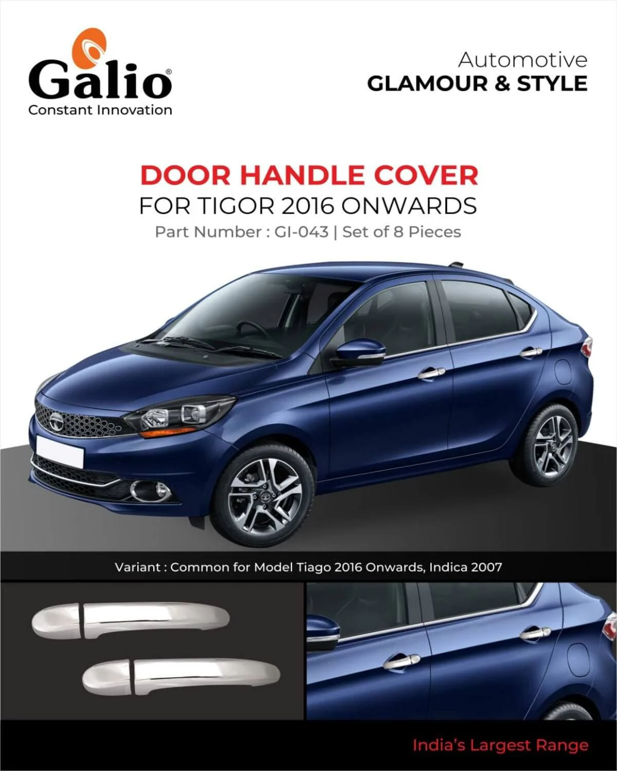 Galio Car Chrome Door Handle Cover Garnish For Tata Tigor (2016 Onwards)(Set of 4 pcs.)