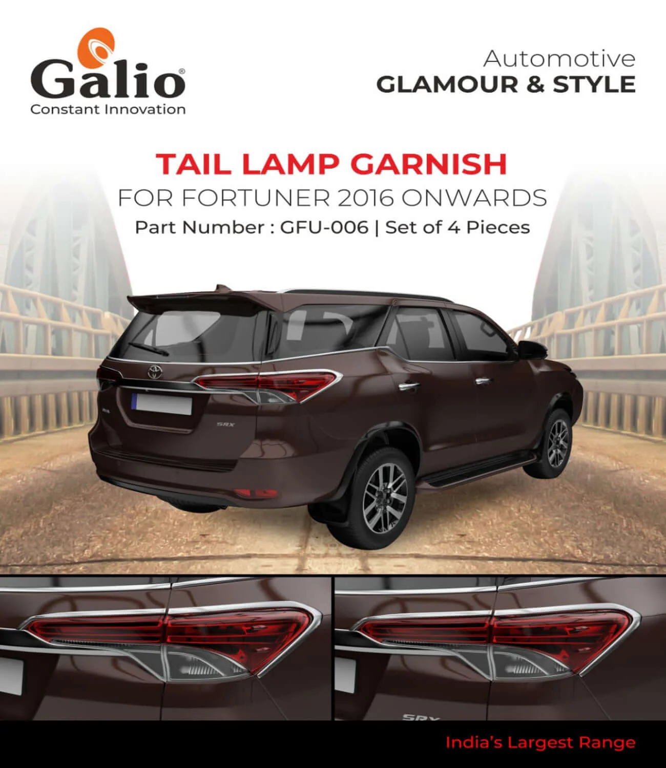Galio Chrome Finish Tail Lamp Garnish Cover For Toyota Fortuner(2016 onwards)