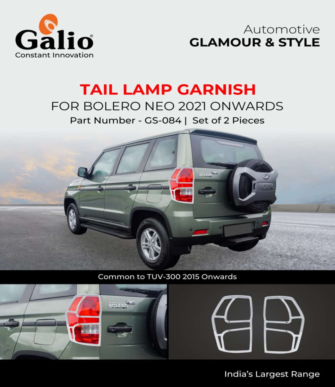 Galio Chrome Tail Lamp Garnish Cover Compatible For Mahindra Bolero Neo (2021 onwards) (Set of 2 pcs.)