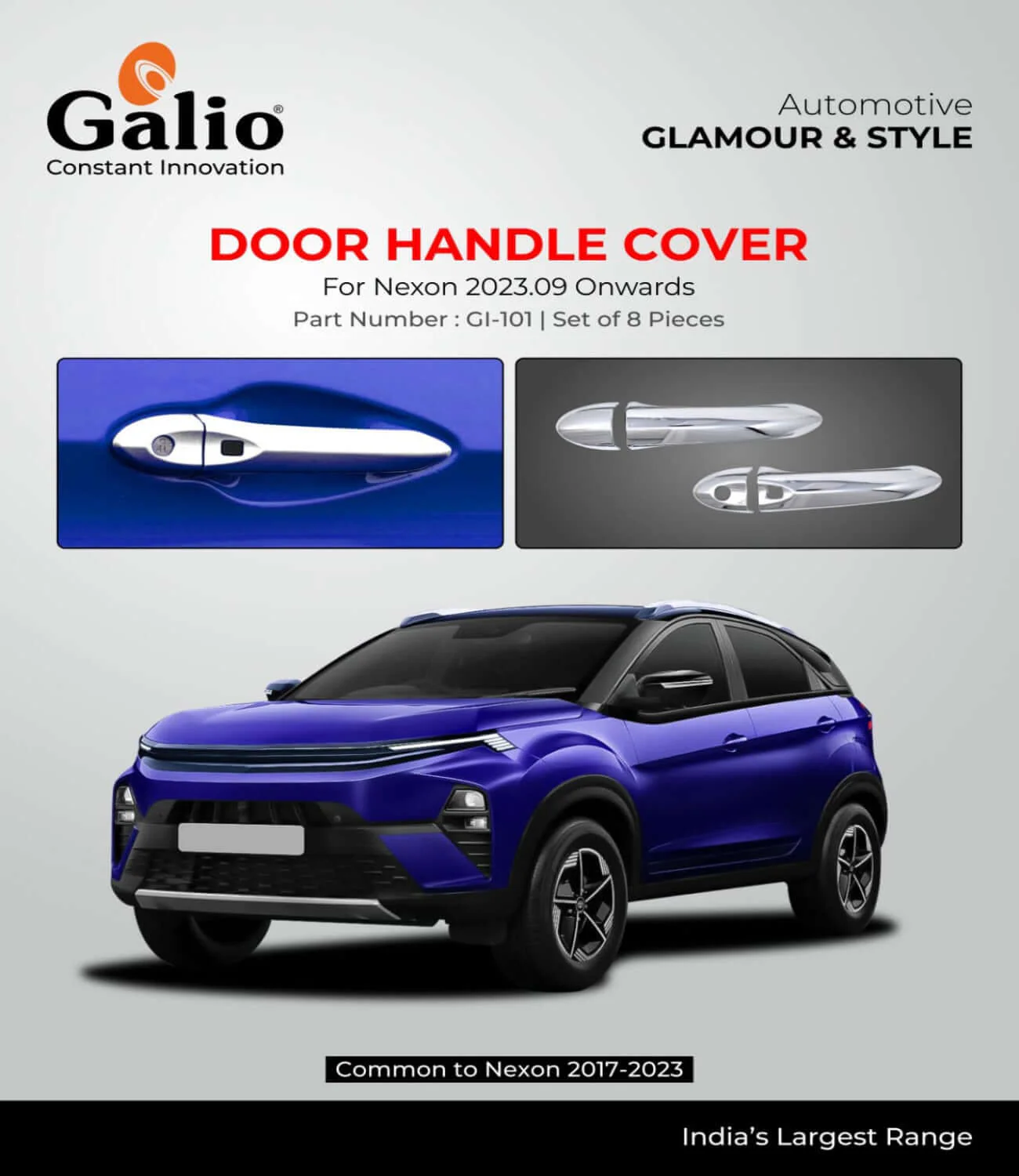 Galio Door Handle Cover with Sensor Cut For Tata Nexon (2017 To 2023)&(2023 Onwards) (Set of 8 pcs.)