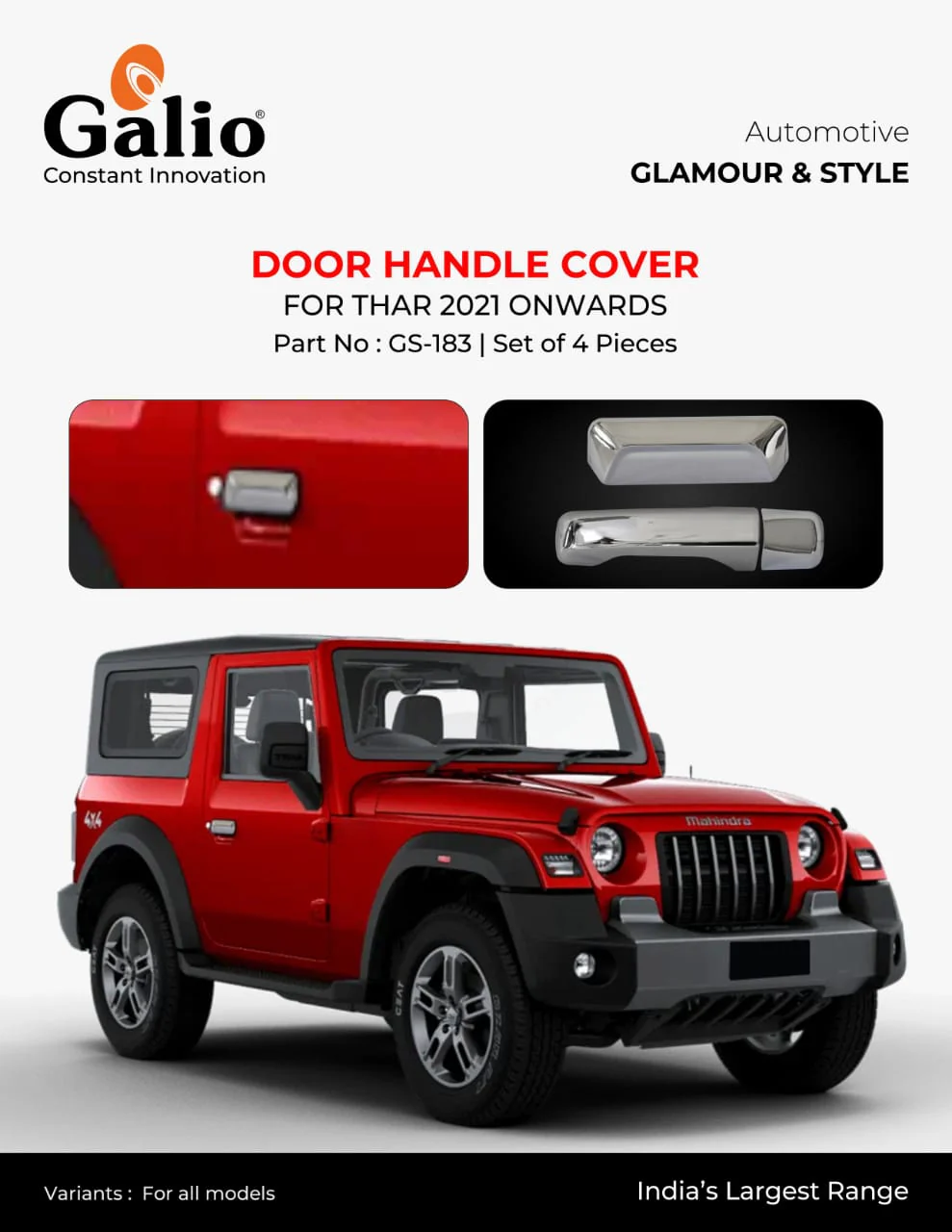 Galio Car Door Handle Cover For Mahindra Thar (2021 Onwards)(Set of 4 pcs.)