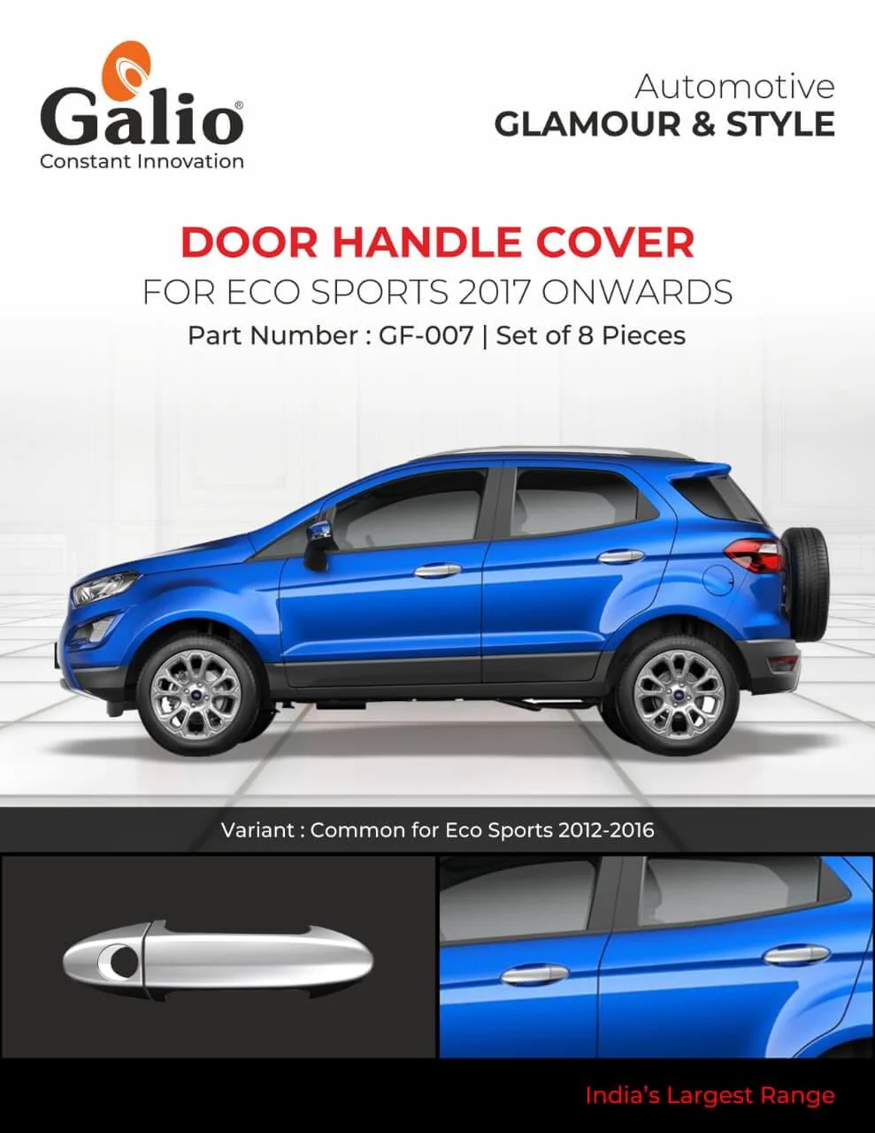 Galio Chrome Finish Door Handle Cover For Ford Eco Sports 2012 Onwards