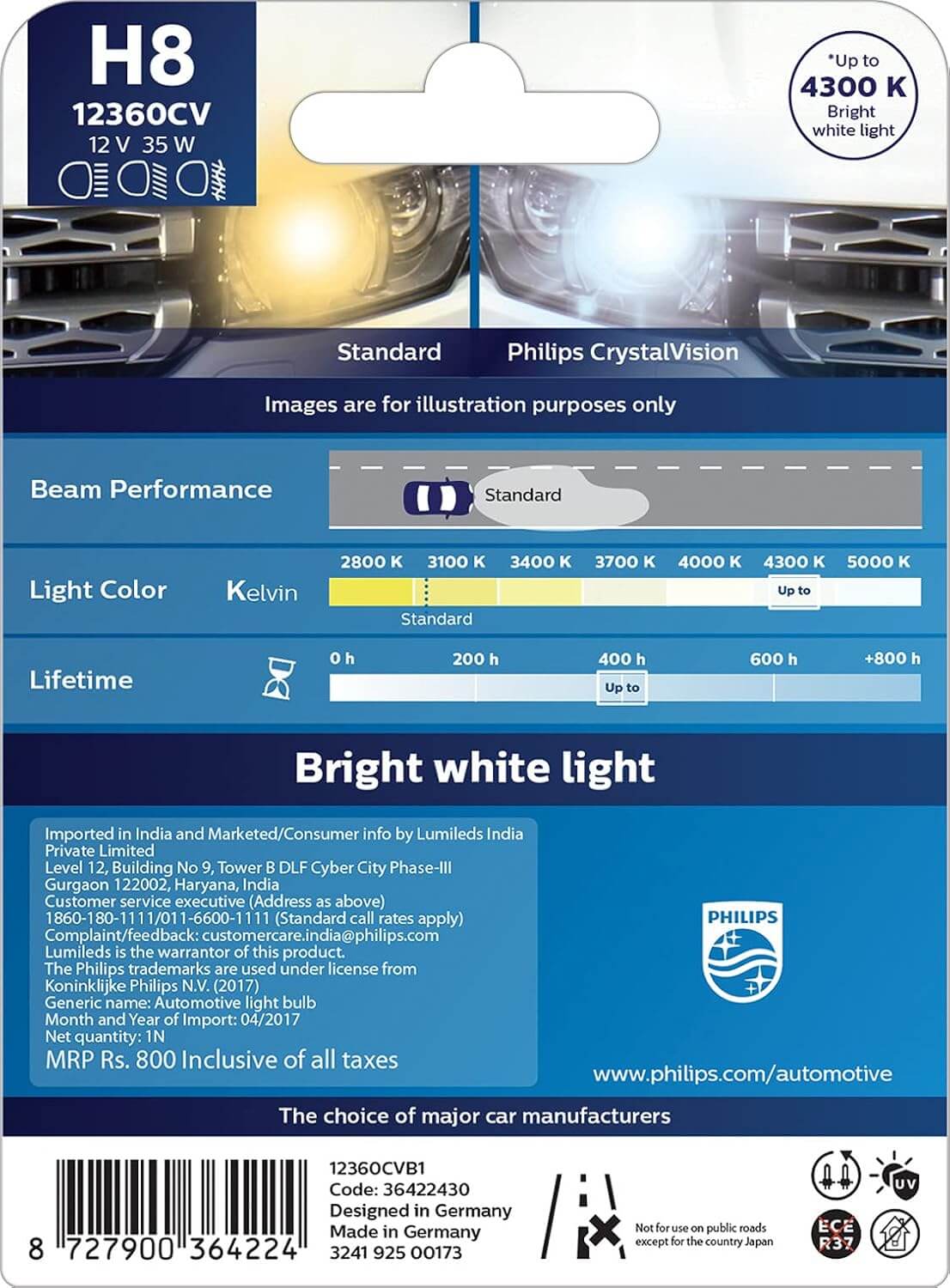 Philips H8 12360 Crystal Vision Headlight Bulb (12V, 35W)