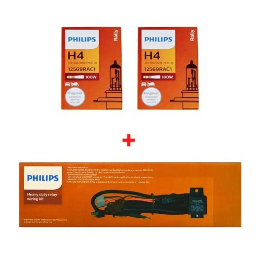 Philips Rally 12569RAC1 P43T H4 Bulb (12V,100/90W,Set of 2) and Heavy Duty Relay Wiring Kit
