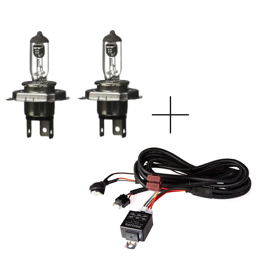 Philips Rally 12569RAC1 P43T H4 Bulb (12V,100/90W,Set of 2) and Heavy Duty Relay Wiring Kit