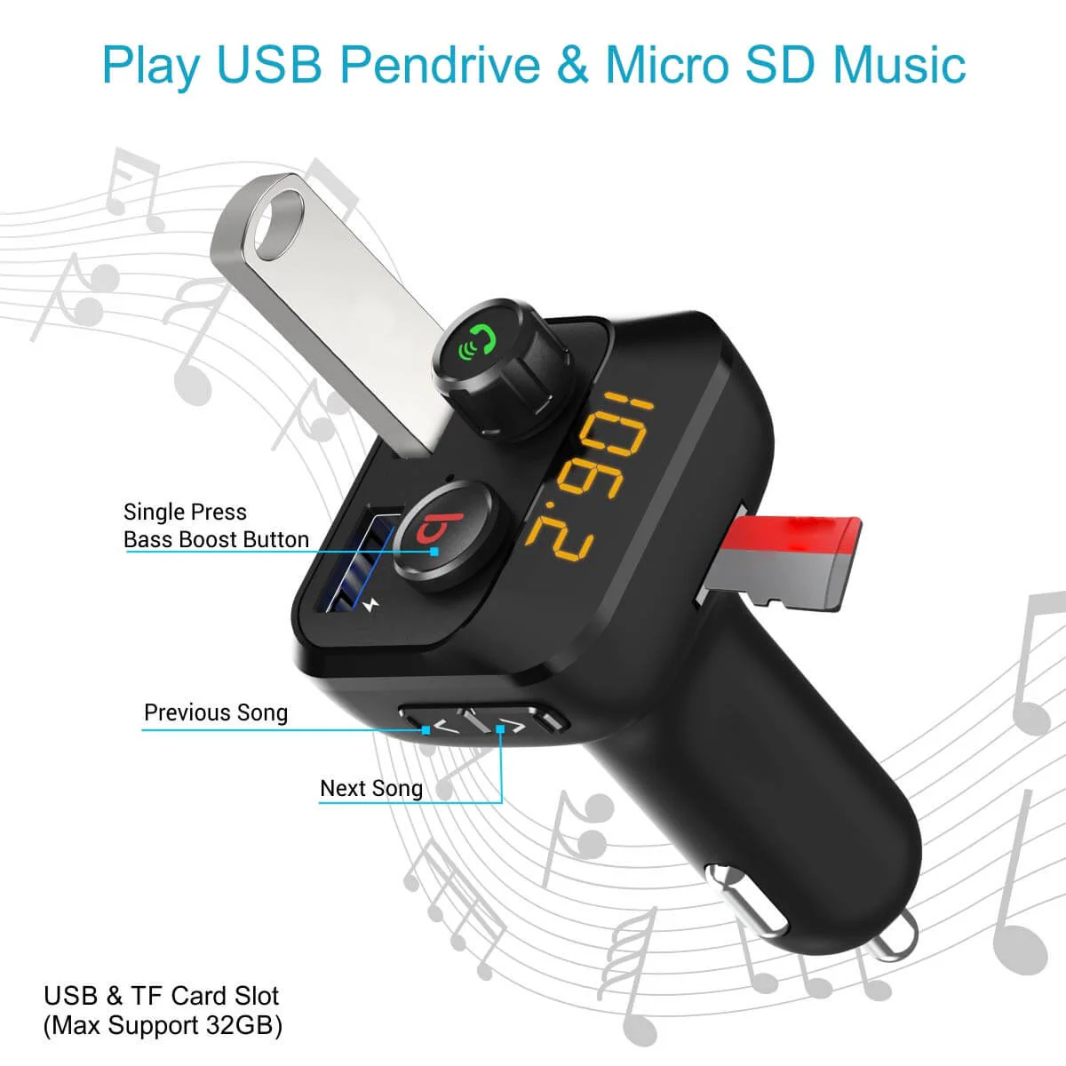 Portronics Auto 10 Bluetooth & USB Car Charging Adapter (Black)