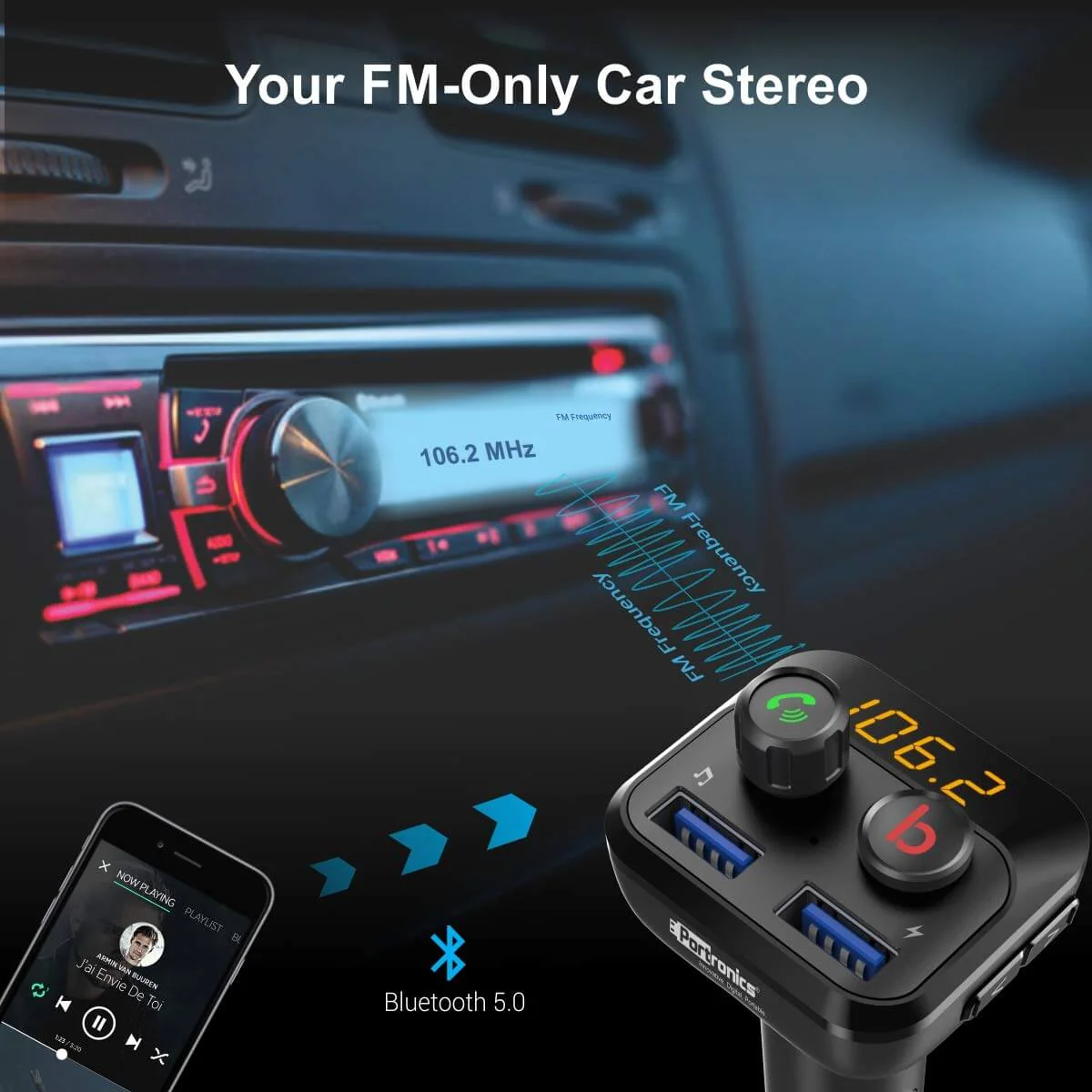 Portronics Auto 10 Bluetooth & USB Car Charging Adapter (Black)