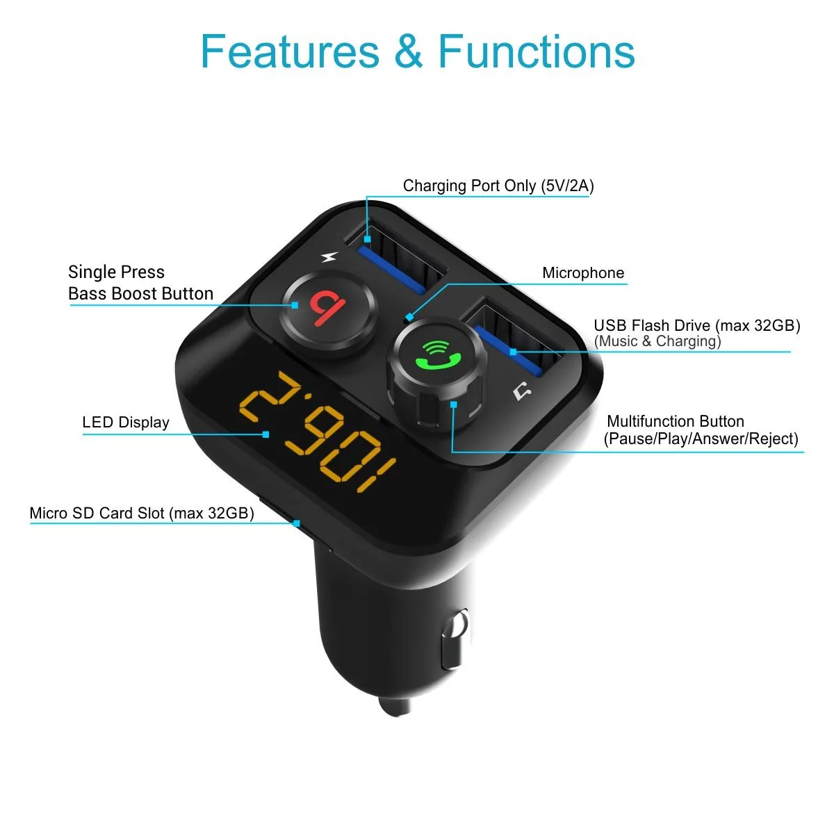 Portronics Auto 10 Bluetooth & USB Car Charging Adapter (Black)