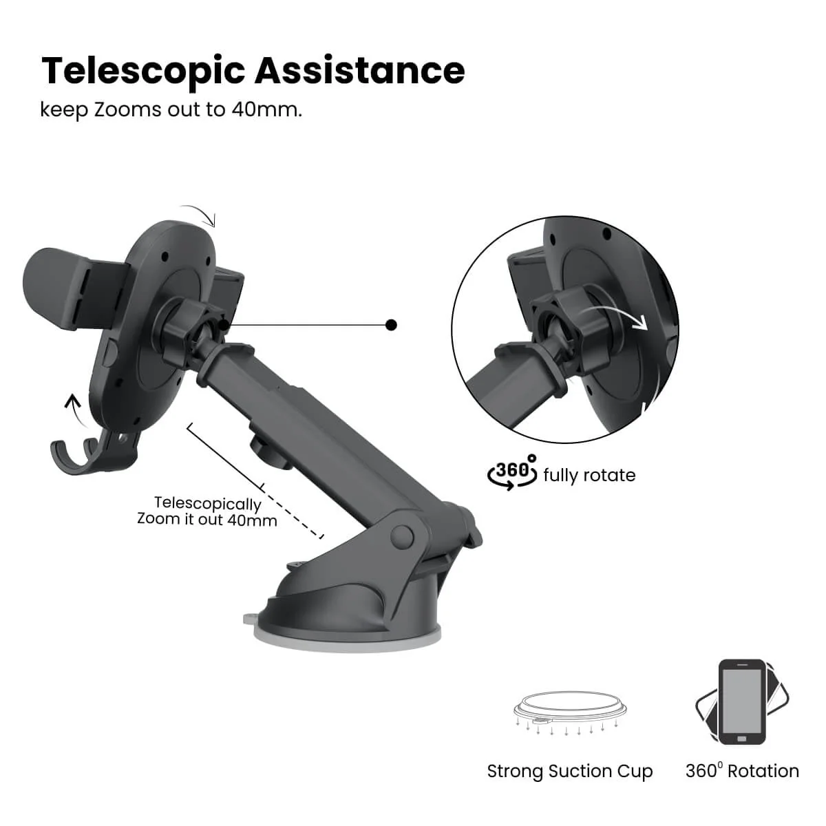 Portronics Clamp M2 Adjustable Car Mobile Holder (Black)