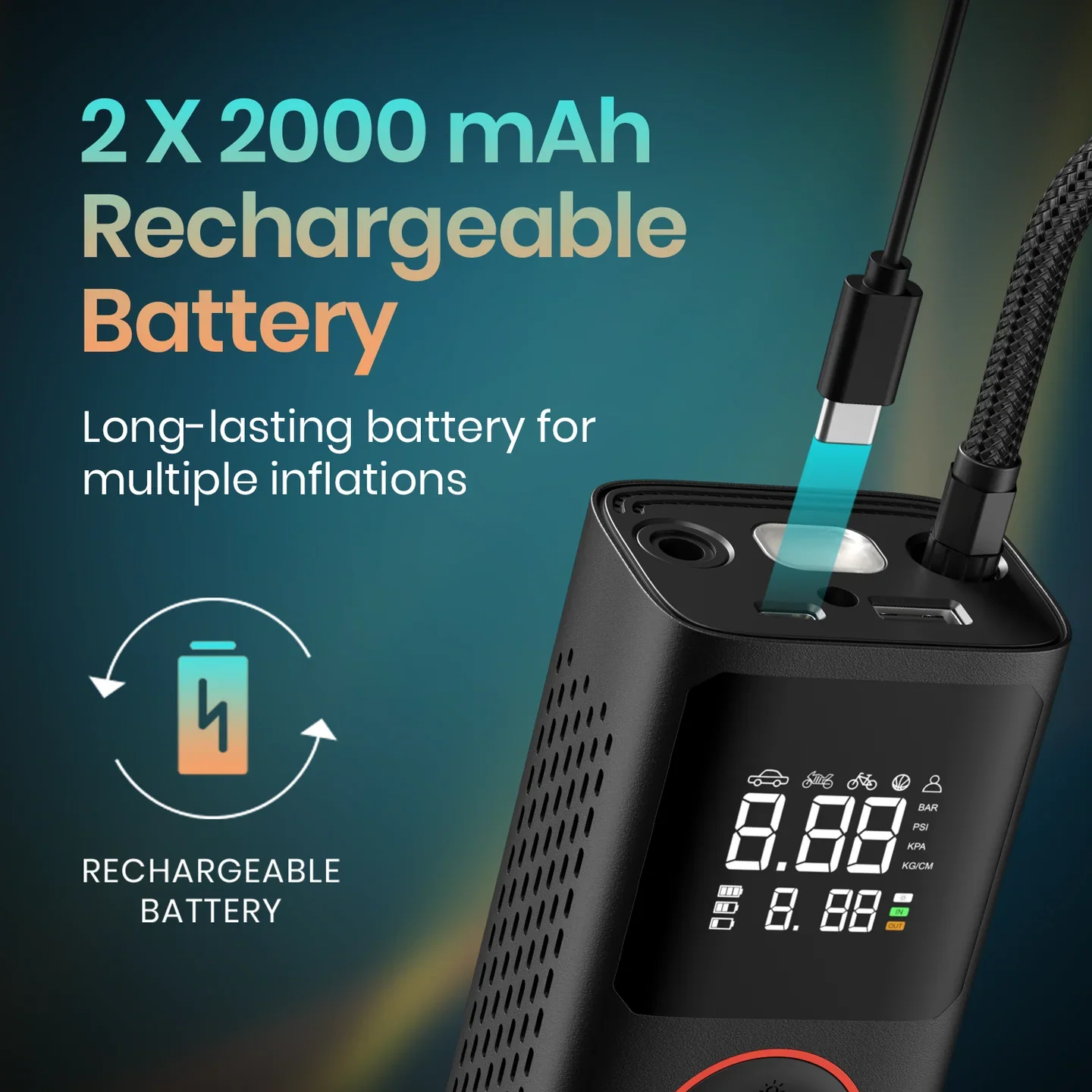 Portronics Vayu Portable Tyre Inflator For Cars, Motorcycles
