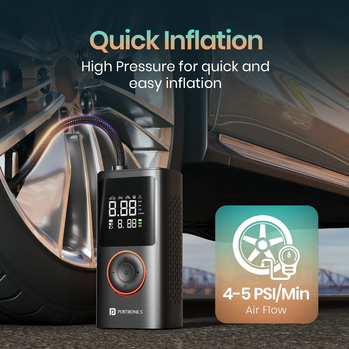 Portronics Vayu Portable Tyre Inflator For Cars, Motorcycles
