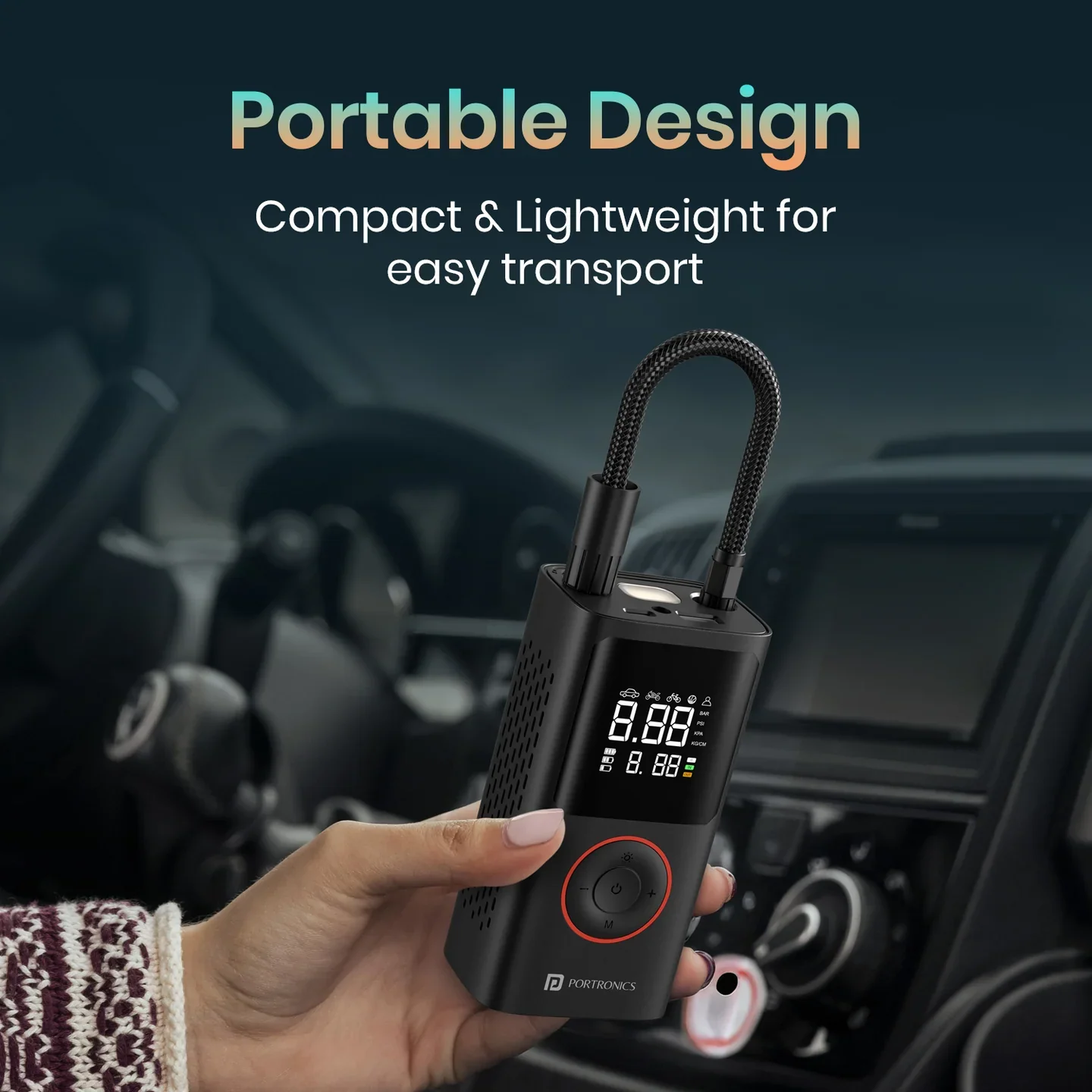 Portronics Vayu Portable Tyre Inflator For Cars, Motorcycles