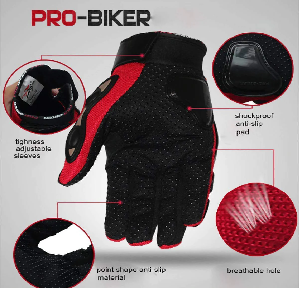 Pro biker Leather Motorcycle Riding Gloves (Red)