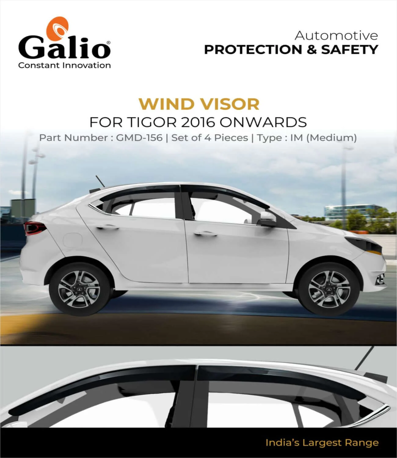 Galio Car Door Visor Window Deflector For Tata Tigor (2016 Onwards) (Set of 4 Pcs.)