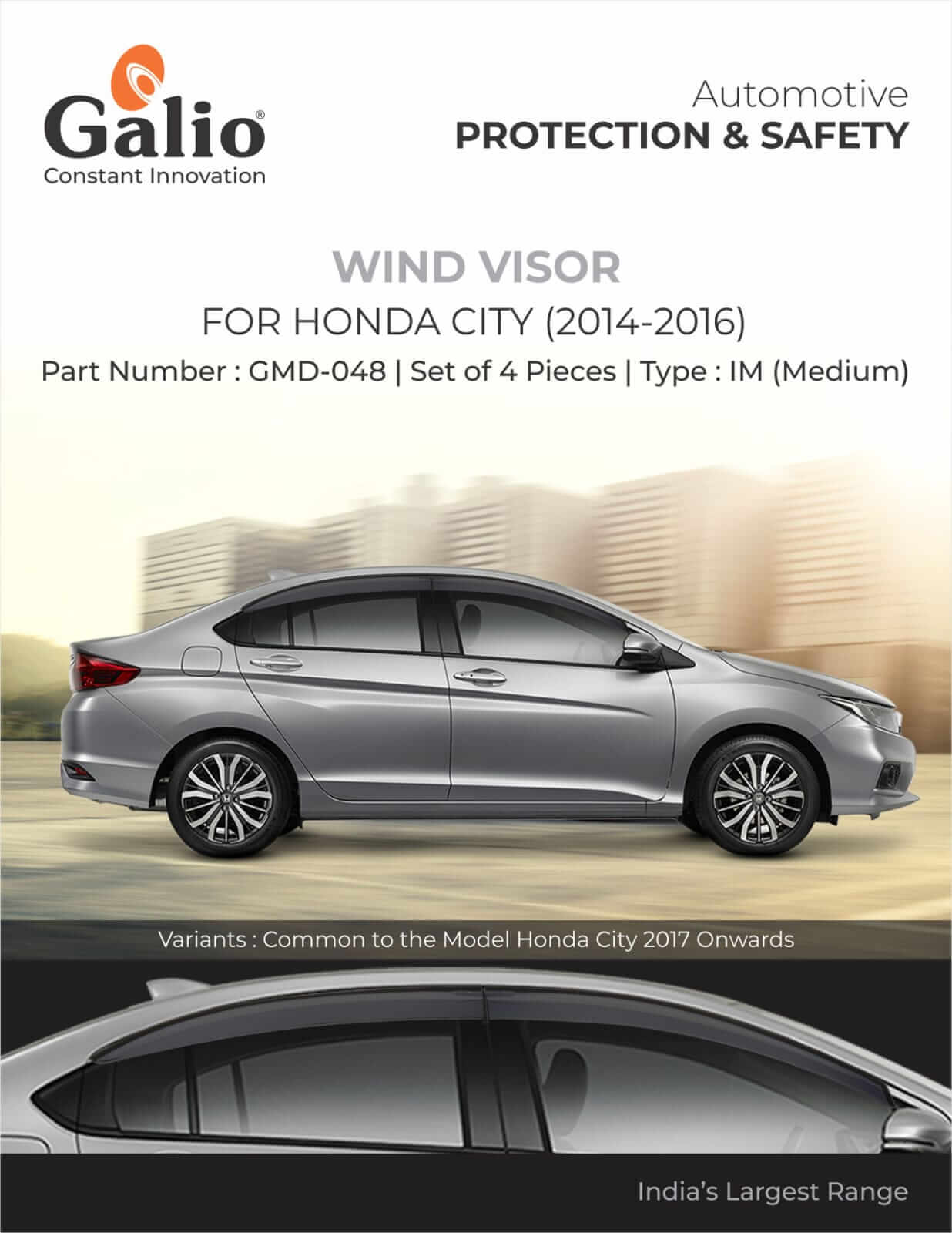 Galio Car Door Wind Visor For Honda City 2014 Onwards