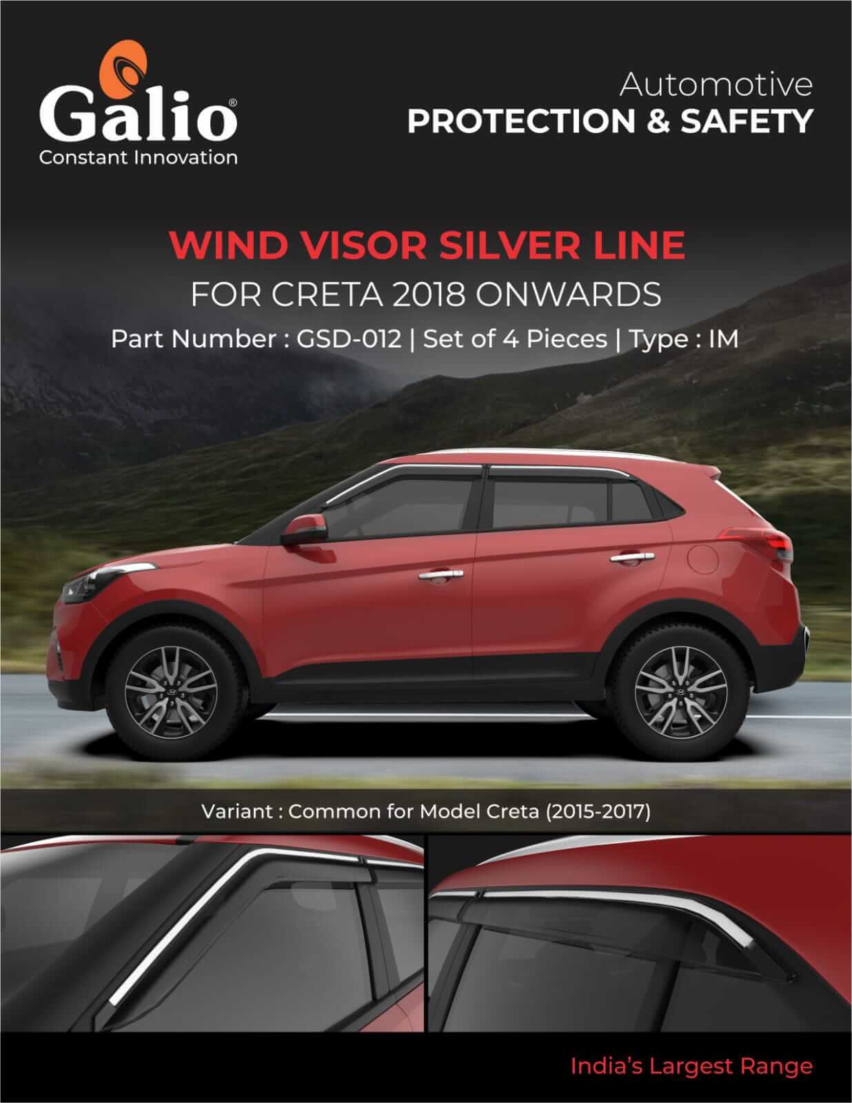 Galio Car Door Wind Visor With Silver Line For Hyundai Creta 2015 To 2026