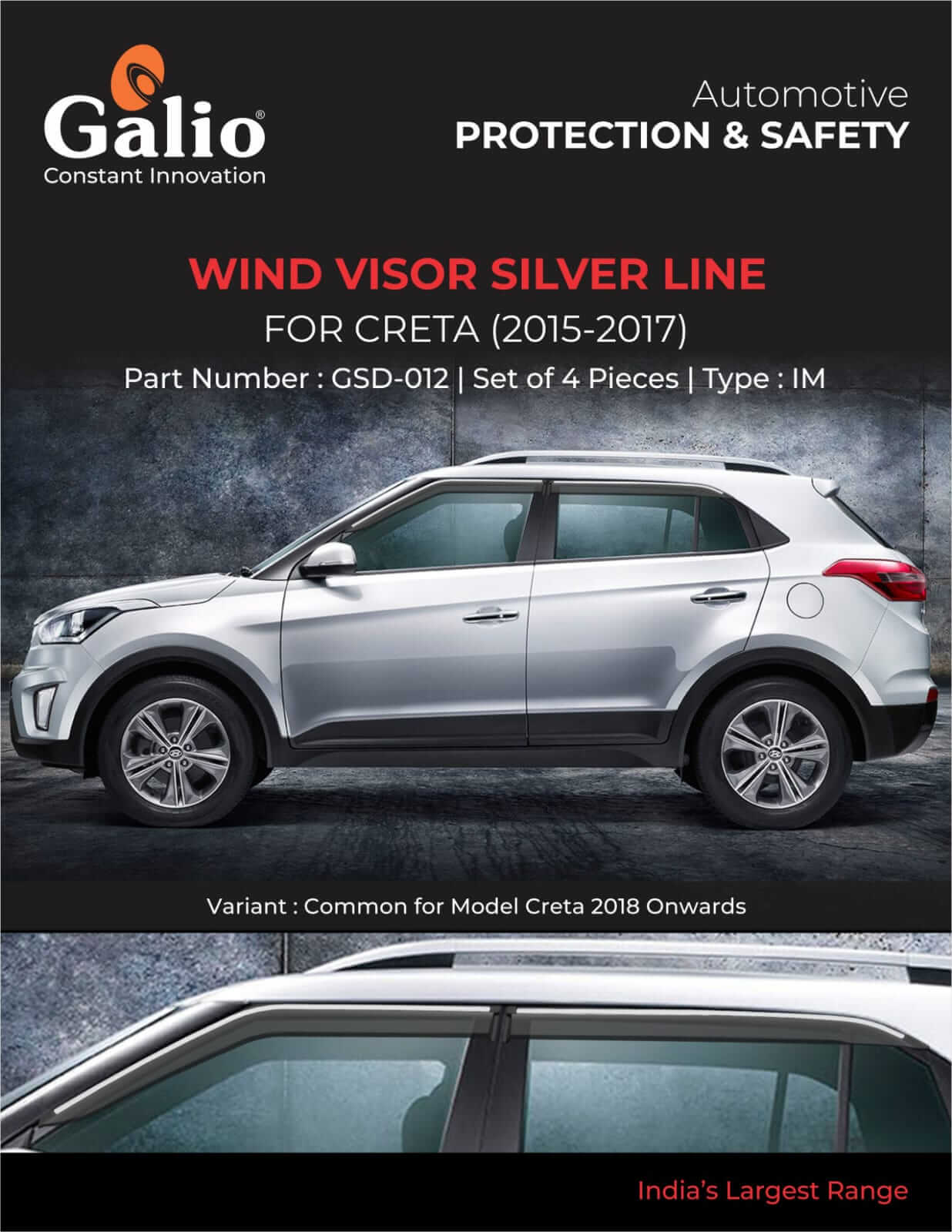 Galio Car Door Wind Visor With Silver Line For Hyundai Creta 2015 To 2026