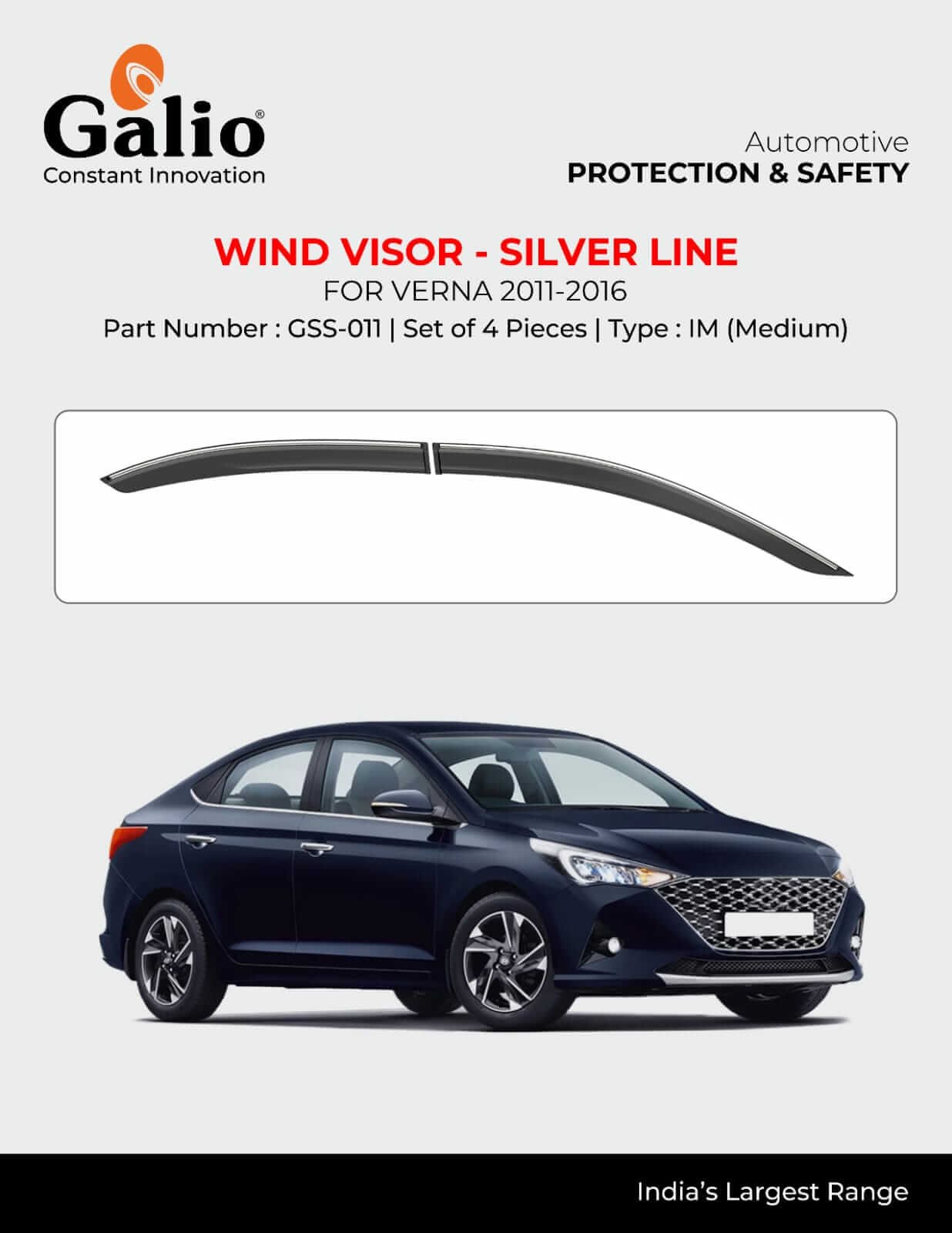 Galio Car Door Wind Visor With Silver Line For Hyundai Verna (2011 To 2023)(Set of 4 pcs.)