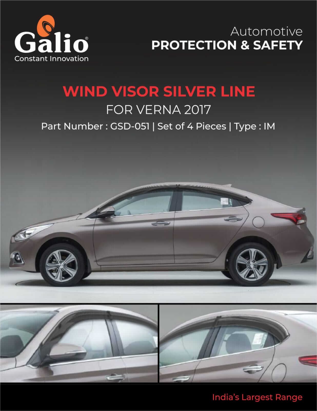 Galio Car Door Wind Visor With Silver Line For Hyundai Verna (2011 To 2023)(Set of 4 pcs.)