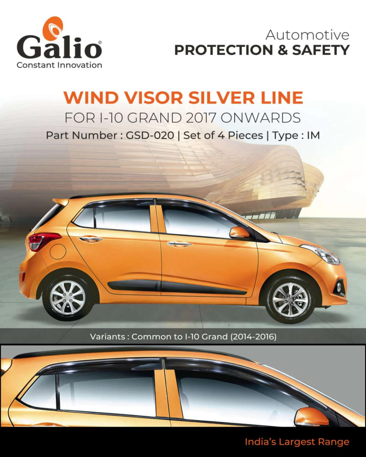 Galio Car Door Wind Visor With Silver Line For Hyundai i-10 Grand (2014 TO 2023)(Set of 4 pcs.)