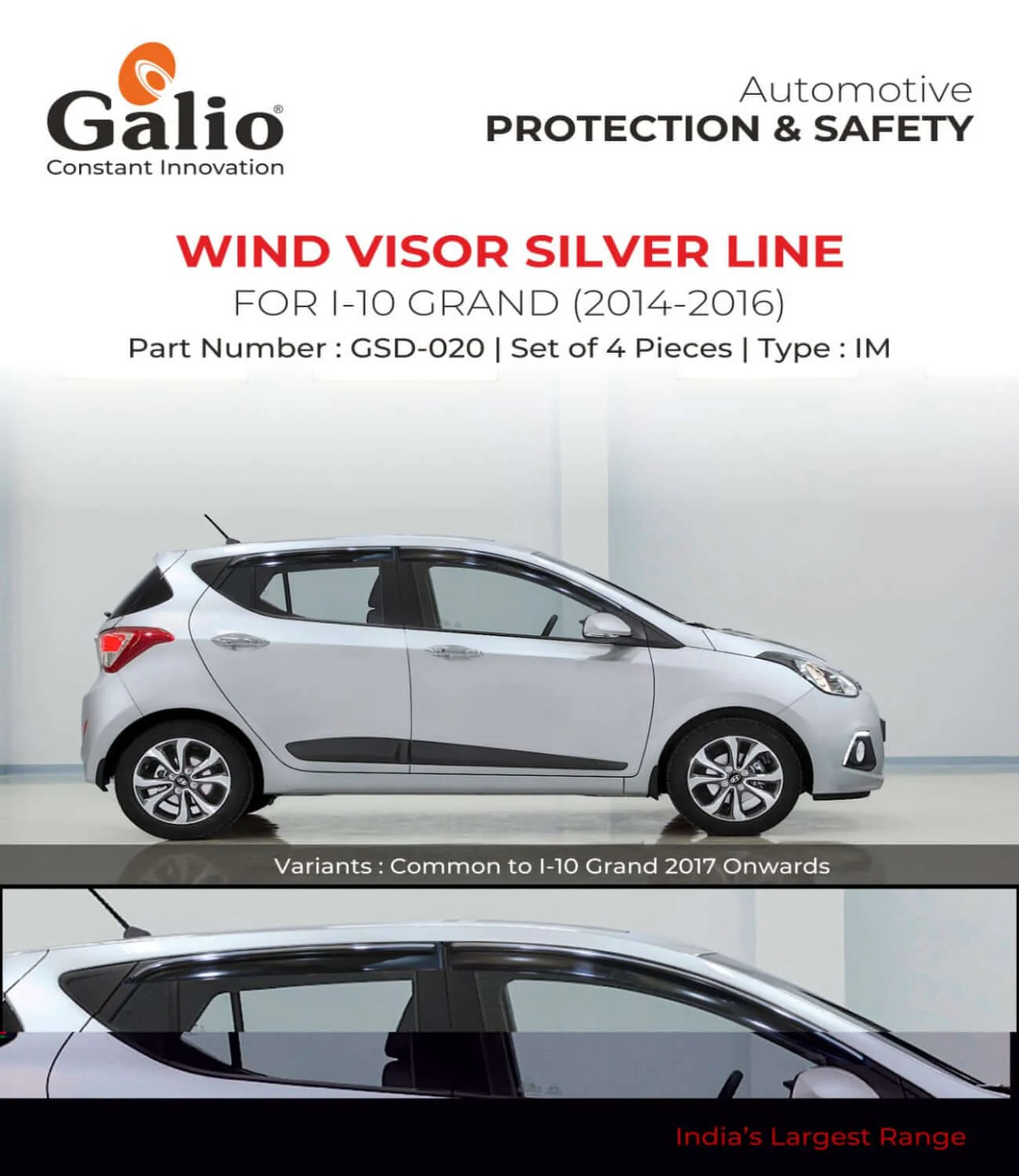 Galio Car Door Wind Visor With Silver Line For Hyundai i-10 Grand (2014 TO 2023)(Set of 4 pcs.)