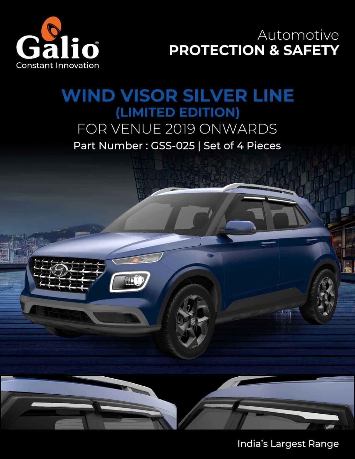 Galio Car Door Wind Visor with Silver Line For Hyundai Venue (2019 Onwards)( Set of 4 pcs.)