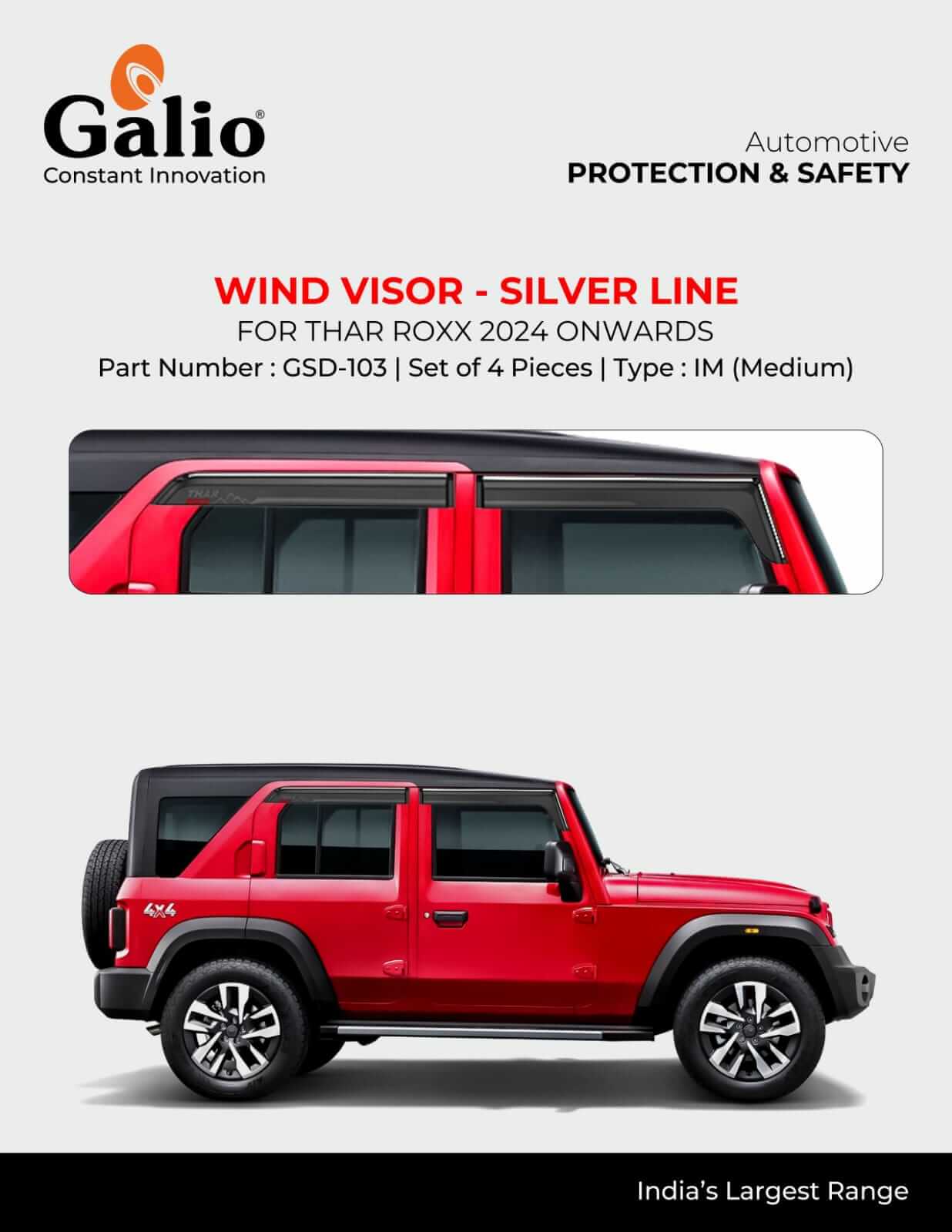 Galio Car Door Visor With Silver Line For Mahindra Thar Roxx (2024 Onwards)(Set of 4 pcs)